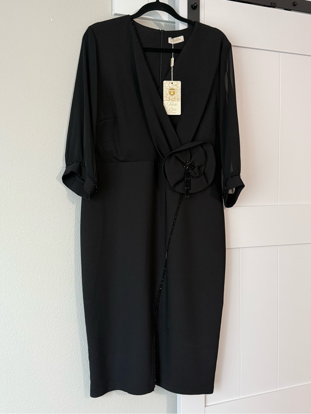 Classic Black Midi Dress with Floral Waist Accent European brand Made in Turkey
